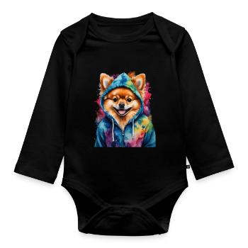 Pomeranian Pomeranian Pomeranian Hoodie Dog Print - Organic Longsleeve Baby Bodysuit - black - Front