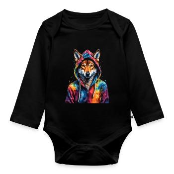 Wolf Hoodie Bunt Lustig Tier Design Print - Baby Bio-Langarm-Body - Schwarz - Vorne