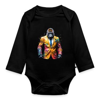 Gorilla Anzug Affe Bunt Tier Design Print - Baby Bio-Langarm-Body - Schwarz - Vorne