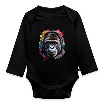 Casque Gorille Singe Coloré Animal Design Imprimer - Body Bébé bio manches longues - noir - Devant