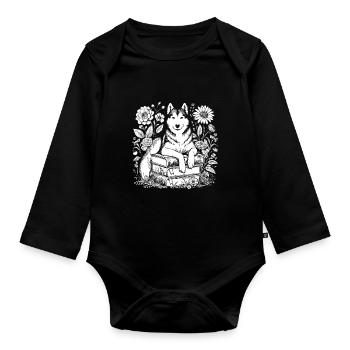 Siberian Husky Flower Book Reader - Organic Longsleeve Baby Bodysuit - black - Front