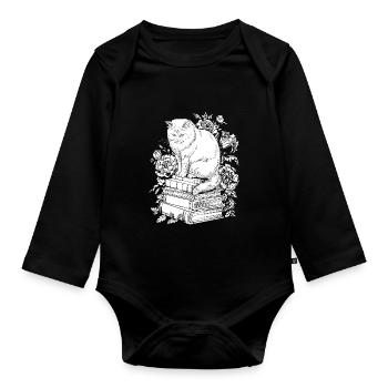 Cat Flower Book Reader Floral Cottagecore - Organic Longsleeve Baby Bodysuit - black - Front