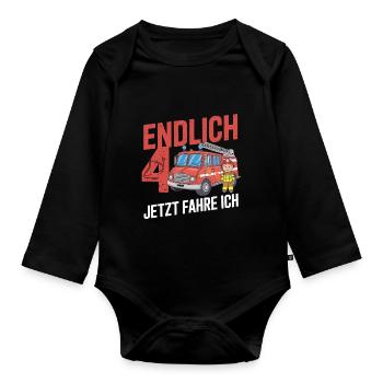 Finally 4 Now I Drive a Fire Engine - Organic Longsleeve Baby Bodysuit - black - Front