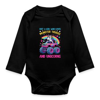 Monster Truck Einhorn Geburtstagsfeier Mädchen - Baby Bio-Langarm-Body - Schwarz - Vorne