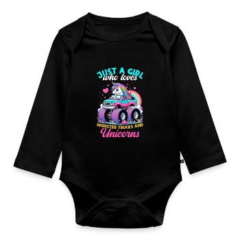 Monster Truck Einhorn Geburtstagsfeier Mädchen - Baby Bio-Langarm-Body - Schwarz - Vorne