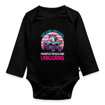 Monster Truck Einhorn Geburtstagsfeier Mädchen - Baby Bio-Langarm-Body - Schwarz - Vorne