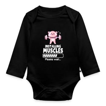 Muscle Building Weightlifting Cat Gym Humor - Organic Longsleeve Baby Bodysuit - black - Front
