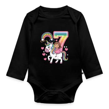 Cute 7th Birthday Unicorn Girl Riding Unicorn - Baby Bio-Langarm-Body - Schwarz - Vorne