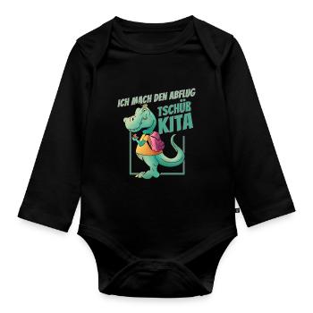 T-Rex avec cartable - Je m’envole, au revoir - Body Bébé bio manches longues - noir - Devant