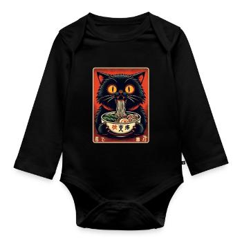Chat Ramen Nouilles Anime Japonais Chat Chaton - Body Bébé bio manches longues - noir - Devant