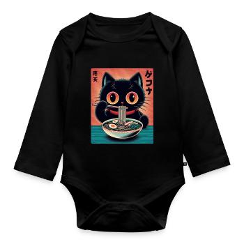 Chat Ramen Nouilles Anime Japonais Chat Chaton - Body Bébé bio manches longues - noir - Devant
