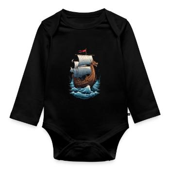 Viking Dragon Boat on the High Seas - Organic Longsleeve Baby Bodysuit - black - Front