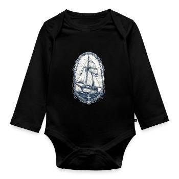Elegante Segelschiff Abenteuer Motiv - Baby Bio-Langarm-Body - Schwarz - Vorne