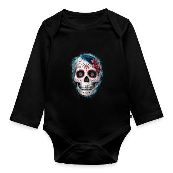 Jour des morts / Crâne de sucre / Femelle / Fleurs - Body Bébé bio manches longues - noir - Devant