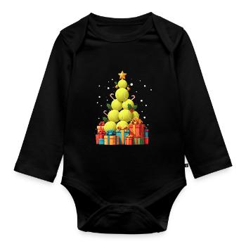 Funny Tennis Christmas Tree Yellow Ball Racket - Organic Longsleeve Baby Bodysuit - black - Front
