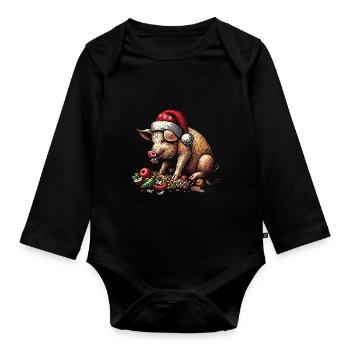 Christmas pig with festive appetite - Organic Longsleeve Baby Bodysuit - black - Front