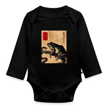 Japanese wooden block art frog lover kanji - Organic Longsleeve Baby Bodysuit - black - Front
