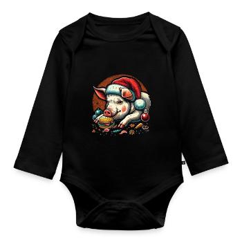 Greedy Christmas piglet in festive style - Organic Longsleeve Baby Bodysuit - black - Front