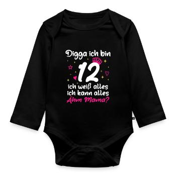 12ème anniversaire fille Digga J’ai 12 ans - Body Bébé bio manches longues - noir - Devant
