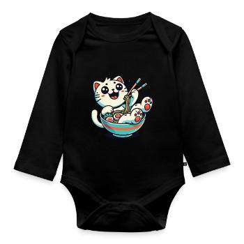 Kawaii Ramen Cat Streetwear Japanische Nudeln - Baby Bio-Langarm-Body - Schwarz - Vorne