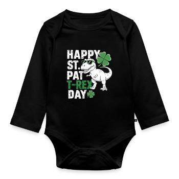 Happy St. Pat T-Rex Day Dinosaur T-Rex Shamrocks - Organic Longsleeve Baby Bodysuit - black - Front