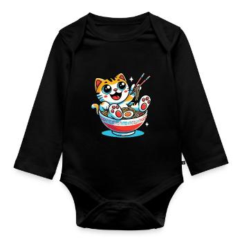 Chat kawaii avec bol de nouilles ramen style anime - Body Bébé bio manches longues - noir - Devant