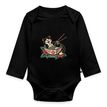 Nouilles Ramen Kawaii Chat Heureux - Body Bébé bio manches longues - noir - Devant