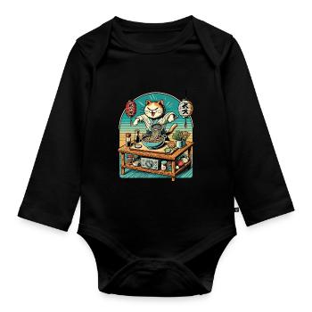 Ramen Nudeln Retro Katze Kawaii Chefkoch Japan - Baby Bio-Langarm-Body - Schwarz - Vorne