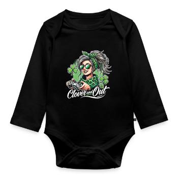 St. Patrick's Day Gamer Girl style clover and out - Organic Longsleeve Baby Bodysuit - black - Front
