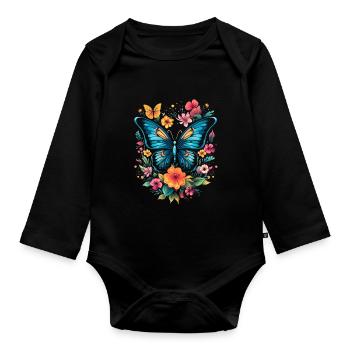 Papillon avec des fleurs - Body Bébé bio manches longues - noir - Devant