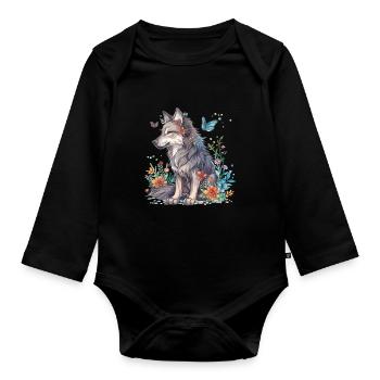 Wolf mit Blumen und Schmetterlingen - Baby Bio-Langarm-Body - Schwarz - Vorne