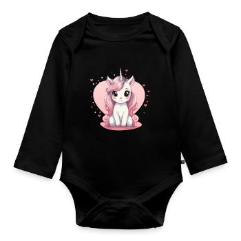 Cute unicorn with heart - Organic Longsleeve Baby Bodysuit - black - Front