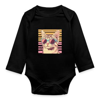 Chat rétro avec lunettes de soleil - Body Bébé bio manches longues - noir - Devant