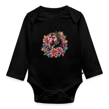 Mandrill Affe mit Blumenrahmen - Baby Bio-Langarm-Body - Schwarz - Vorne