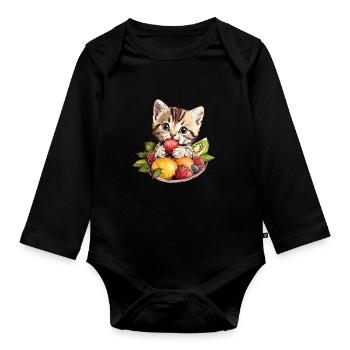 Cat with fruit bowl - Organic Longsleeve Baby Bodysuit - black - Front