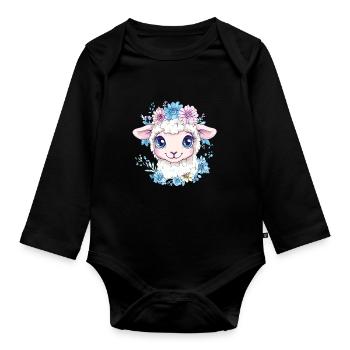 Dessin animé de mouton fleuri - Body Bébé bio manches longues - noir - Devant