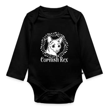 Cornish rex cat Floral Pattern - Organic Longsleeve Baby Bodysuit - black - Front