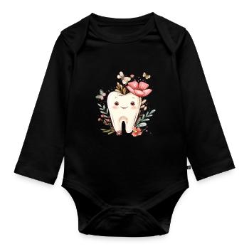 Blossom tooth with butterflies - Organic Longsleeve Baby Bodysuit - black - Front
