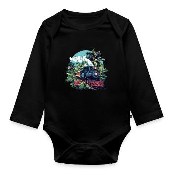 Steam locomotive through palm trees - Organic Longsleeve Baby Bodysuit - black - Front
