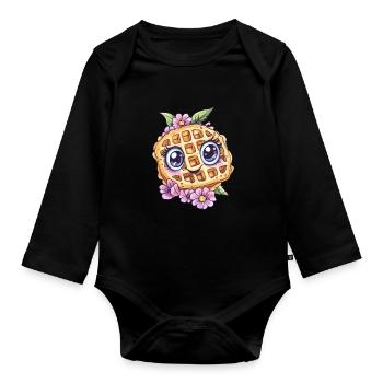 Smiling waffle with flowers - Organic Longsleeve Baby Bodysuit - black - Front