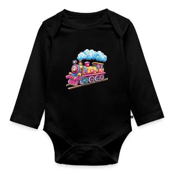 Bunte Traumlokomotive - Baby Bio-Langarm-Body - Schwarz - Vorne