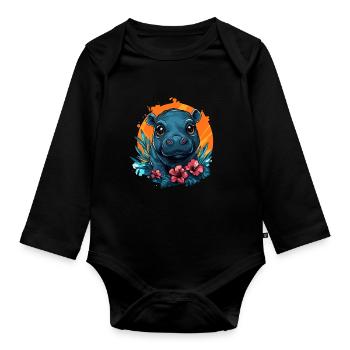 Bébé hippopotame à l’hibiscus - Body Bébé bio manches longues - noir - Devant
