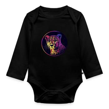 Leopard in the starry sky - Organic Longsleeve Baby Bodysuit - black - Front
