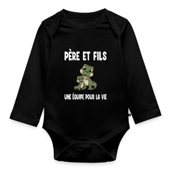 père et fils dinosaure t-rex papa fête des pères - Body Bébé bio manches longues - noir - Devant