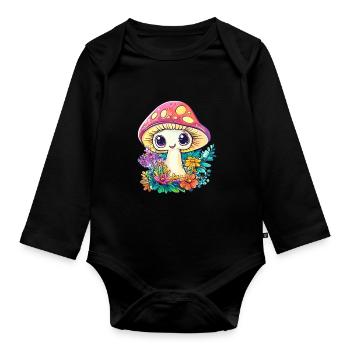Happy toadstool in the flower field - Organic Longsleeve Baby Bodysuit - black - Front