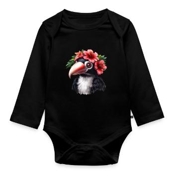 Tukan mit Blumenkranz - Baby Bio-Langarm-Body - Schwarz - Vorne