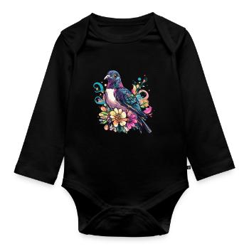 Farbenfrohe Taube mit Blumen - Baby Bio-Langarm-Body - Schwarz - Vorne
