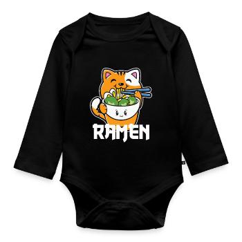 Ramen chat mignon Kawaii Illustration - Body Bébé bio manches longues - noir - Devant