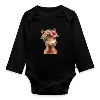 Flower pony with wreath - Organic Longsleeve Baby Bodysuit - black - Front