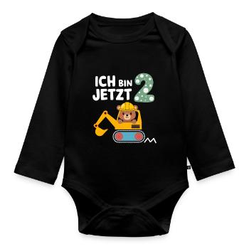 Ich bin jetzt 2 Bagger Bär 2. Geburtstag - Baby Bio-Langarm-Body - Schwarz - Vorne